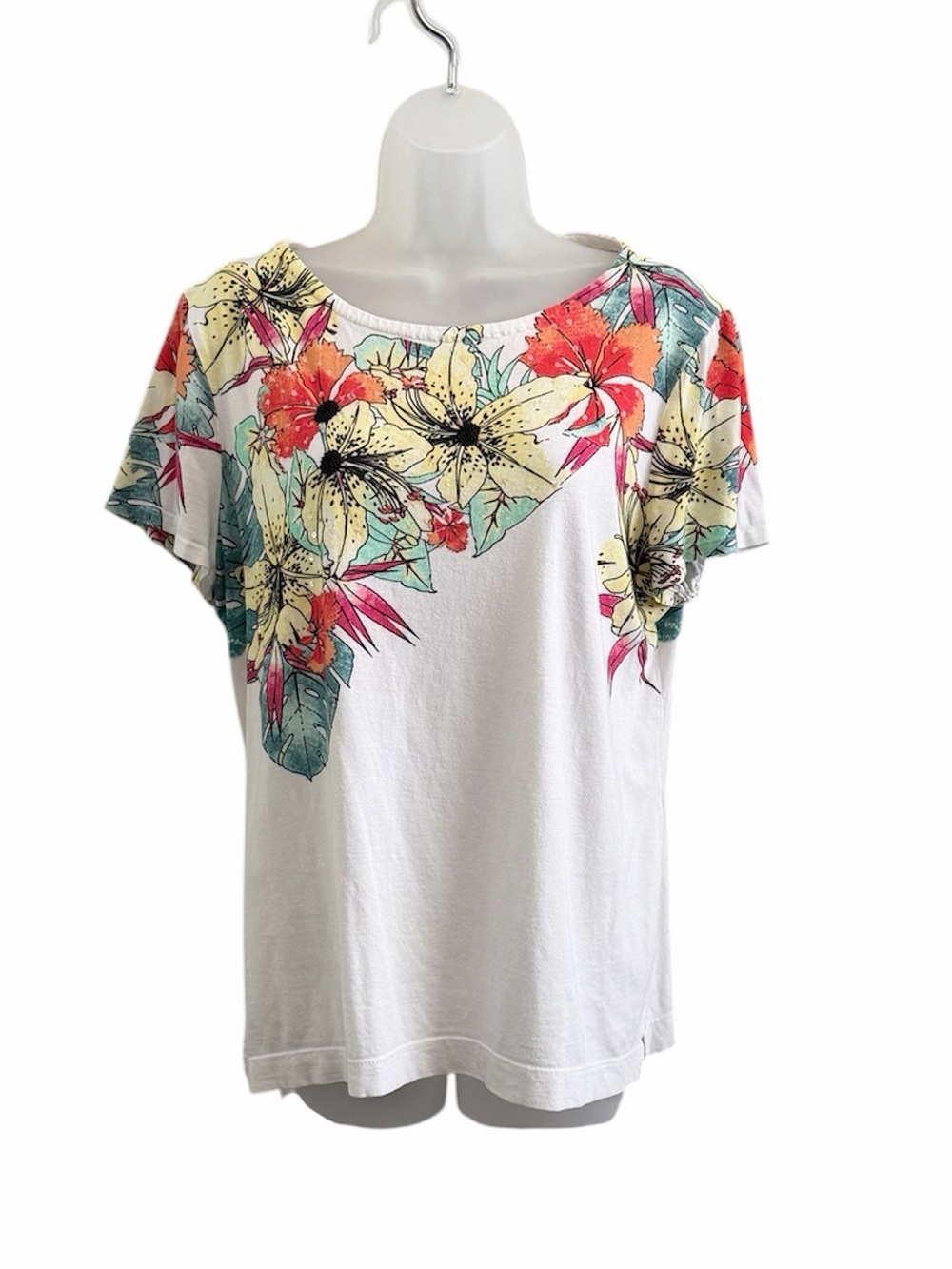 Chico's Weekend Collection Scoop Neck Tee with Multicolor Tropical Floral Print